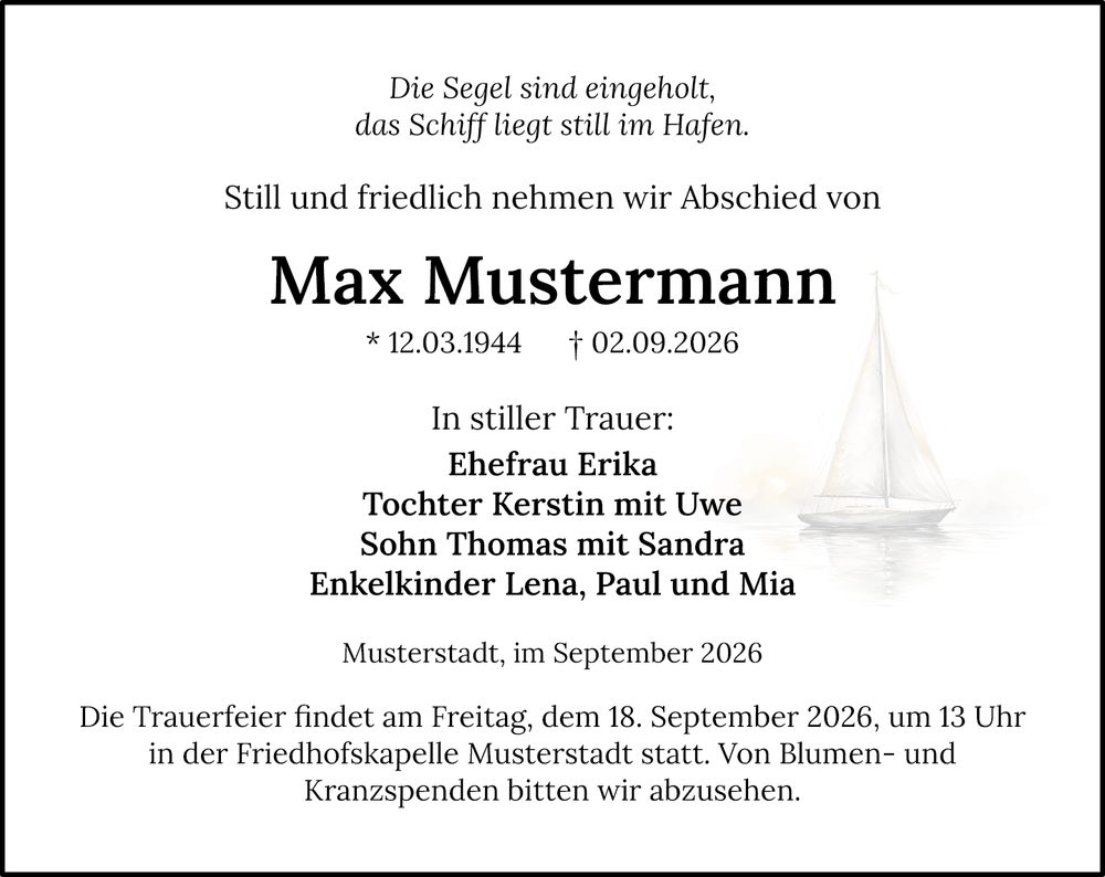 Beispiel-Traueranzeige mit Segelboot-Aquarell und dem Spruch: Die Segel sind eingeholt, das Schiff liegt still im Hafen